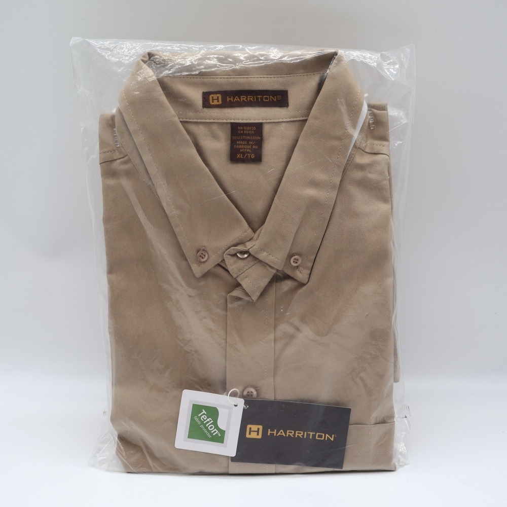 Harriton Button Down Shirt Mens XL Khaki Cotton Teflon Fabric Protector M582